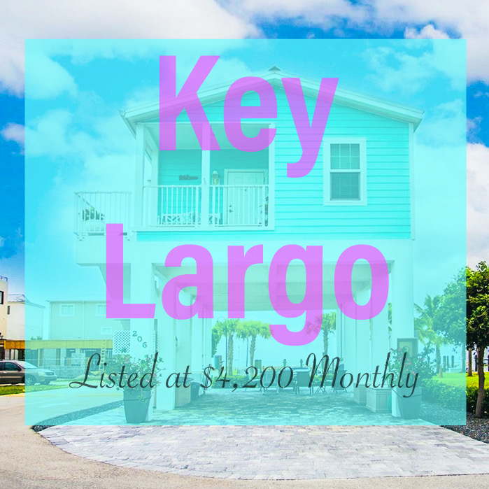 Teal colored rental home exterior in Key Largo, Florida. The words "Key Largo, Listed at $4200 monthly" are featured in front.